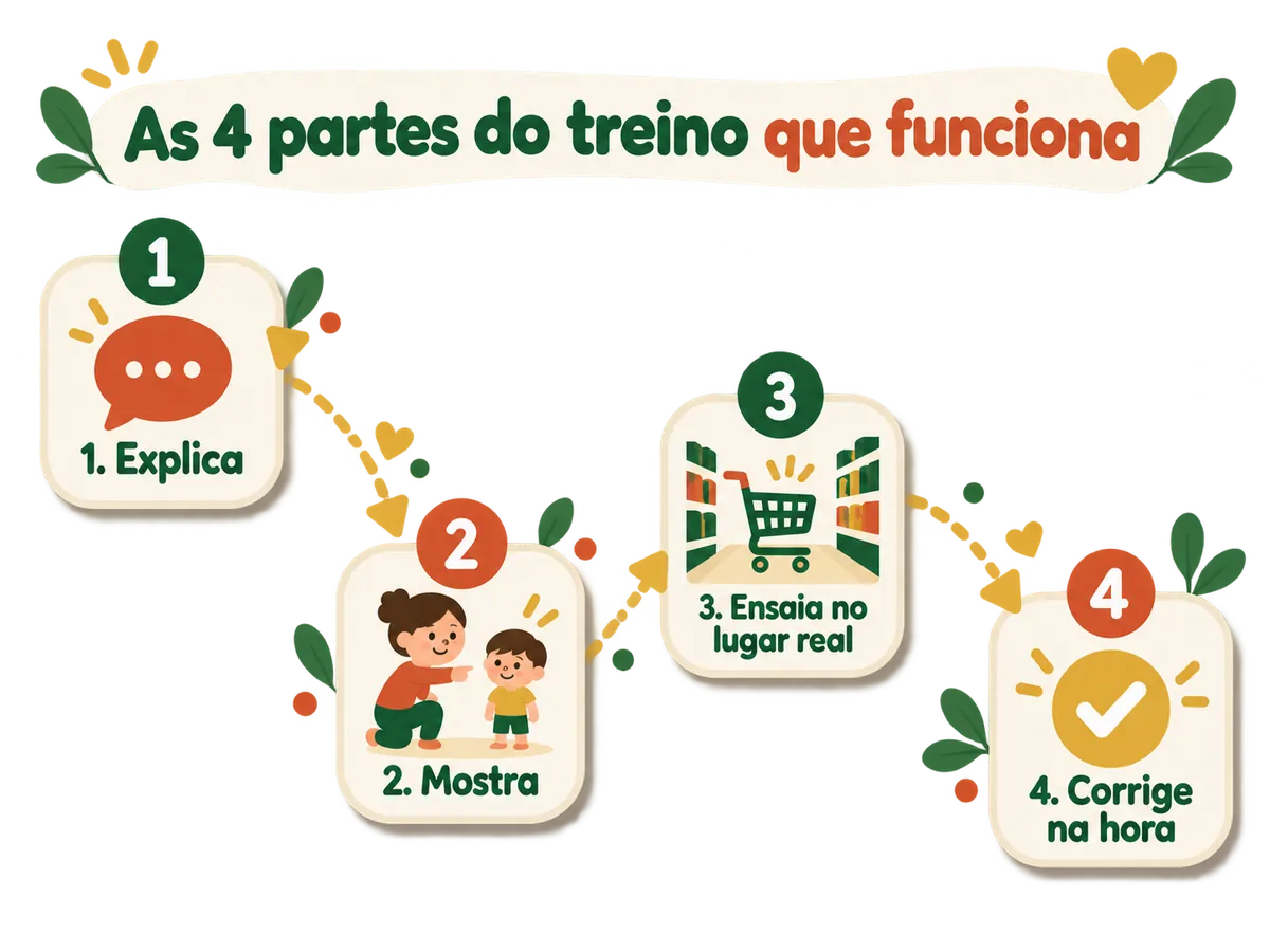 As quatro partes do treino que funciona: explica, mostra, ensaia no lugar real e corrige na hora